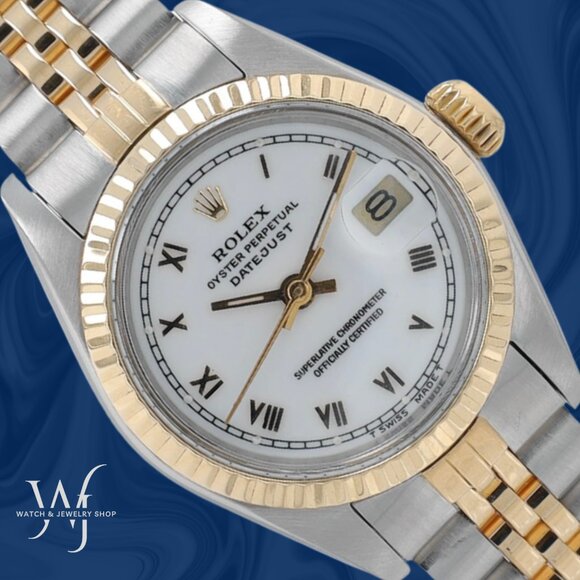 Rolex Ladies Datejust 26mm Two Tone White Roman Dial Fluted Jubilee Watch 69173 - Picture 1 of 10